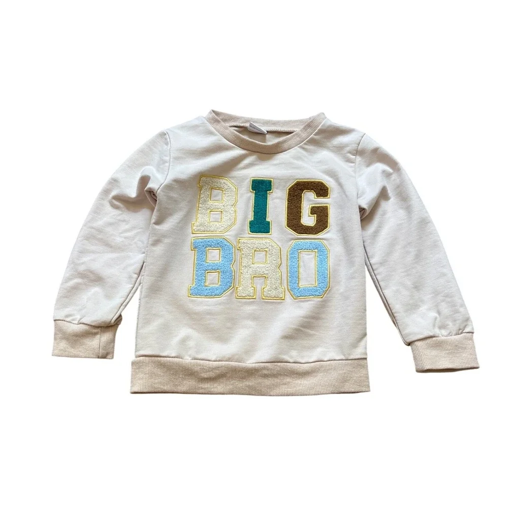 Big‎ Bro Sweatshirt Kids Beige Chenille Patch Pullover SIZE 2-3Y